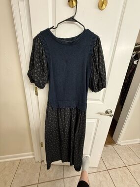 Women’s Navy Blue maxi Mixed-Media Puff-Sleeve Dress